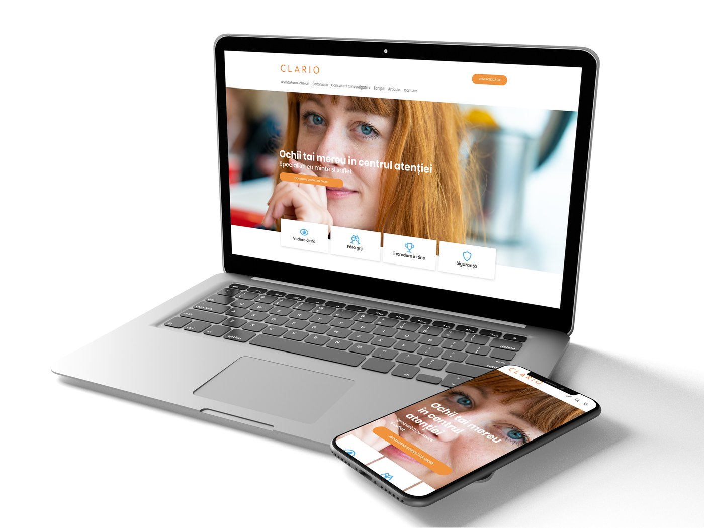 Site-ul Clario, pe laptop și pe telefon