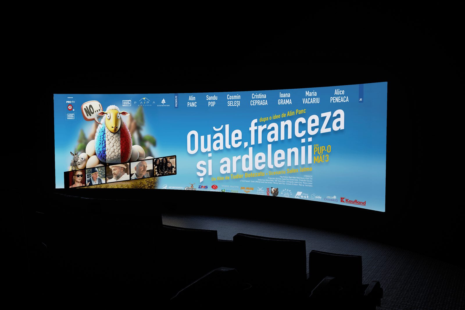 Un ecran de cinema cu titlul „Ouăle, franceza și ardelenii”