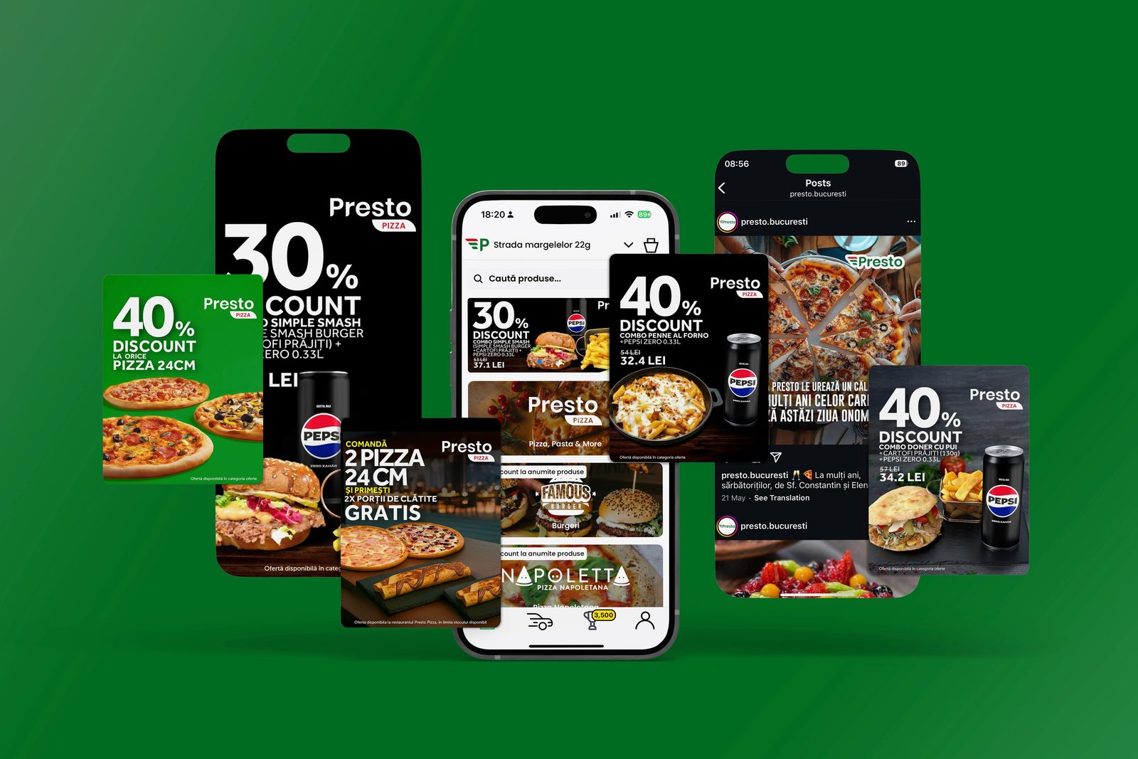 Oferte Presto pe un grup de telefoane, pe fond verde