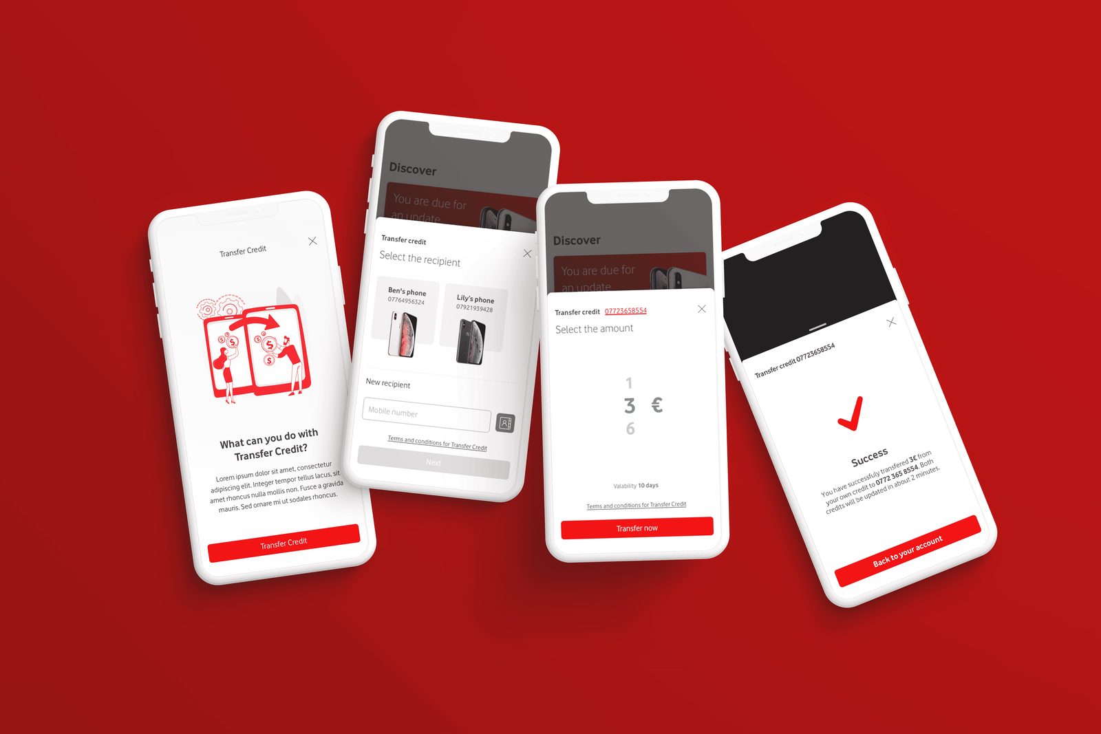 Patru ecrane de telefon, pas cu pas prin fluxul de transfer de credit