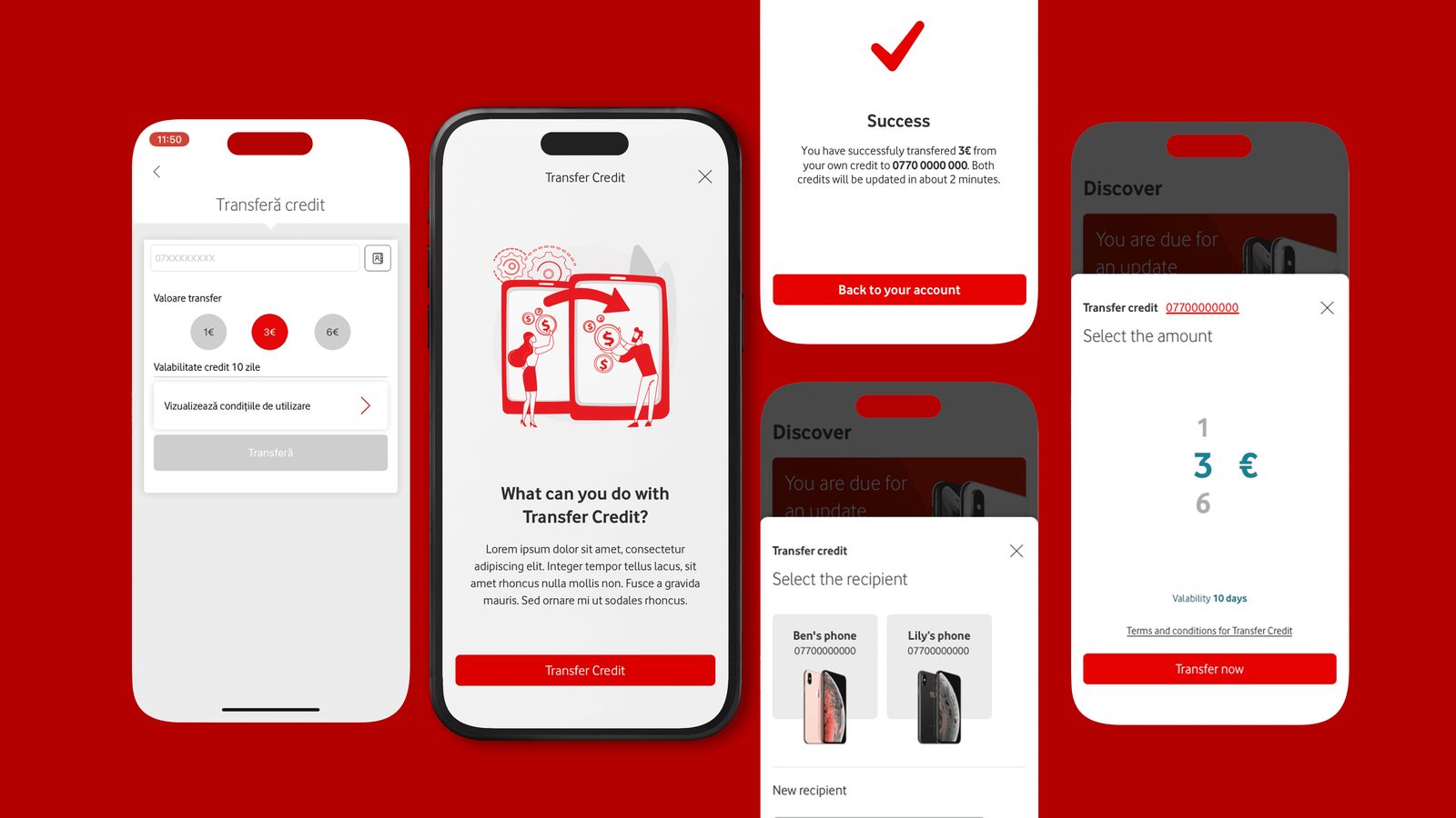 Trei telefoane cu ecranele de confirmare a transferului